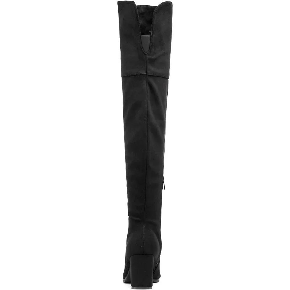 Women's Black Faux Suede Thigh High Block Heel Over The Knee Pointed Toe Boots